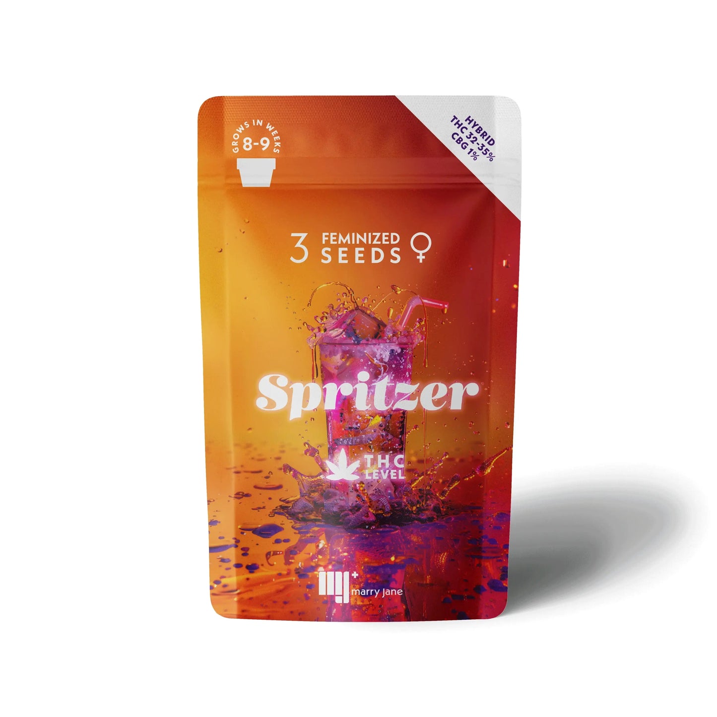 Marry Jane ultra-premium feminized hybrid CBD cannabis seeds, Spritzer, featuring exceptionally high THC (32–35%) and CBG (1%) content. This elite strain combines genetics from Runtz, Grape Pie, and MAC, producing dense, resin-rich buds with a sophisticated aroma of citrus, spice, and earthiness. Perfect for experienced cultivators and users seeking powerful therapeutic effects.